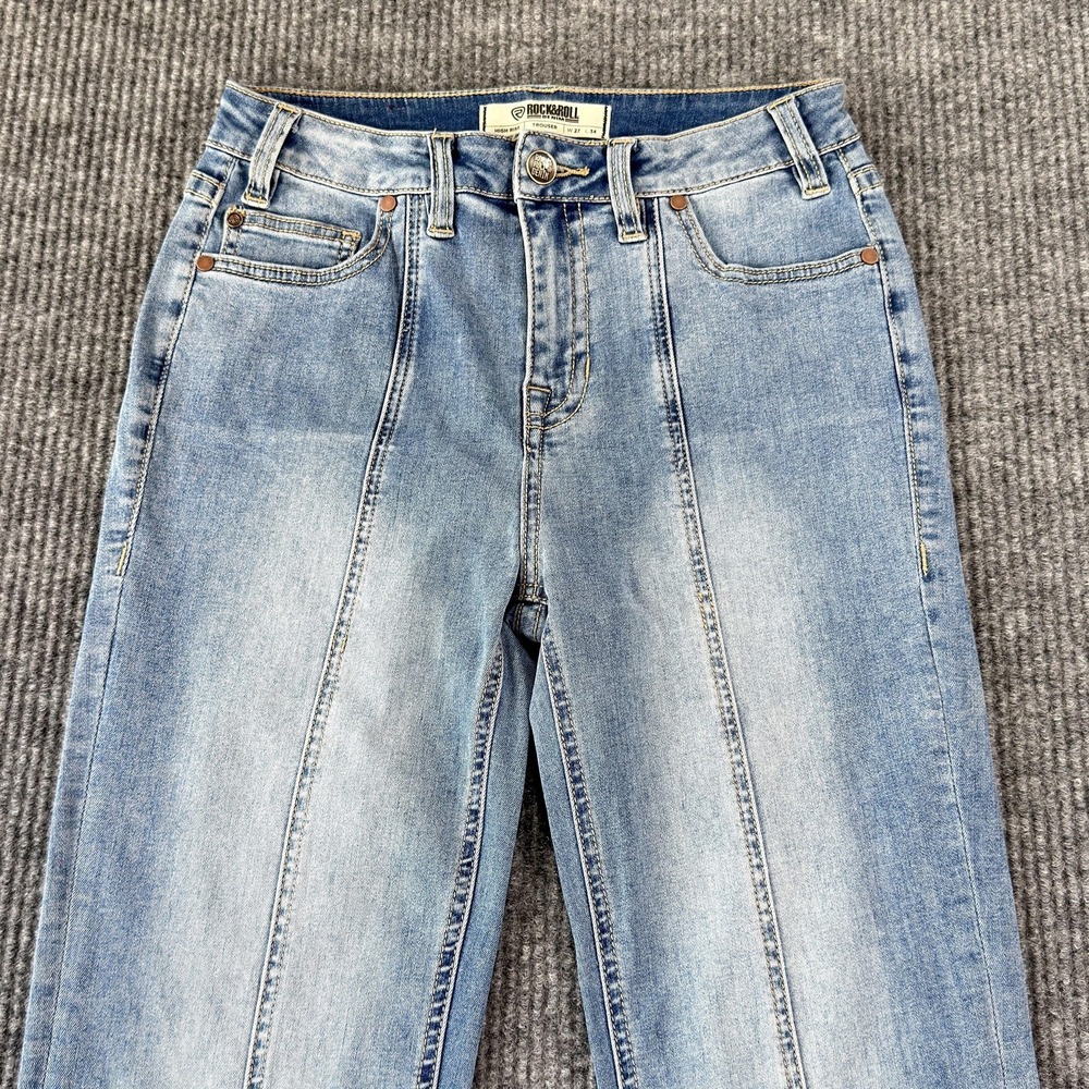 Rock & Roll Trouser Flare Jeans Womens 27x34 Light Wash High Rise Front Slit Leg - Picture 2 of 16
